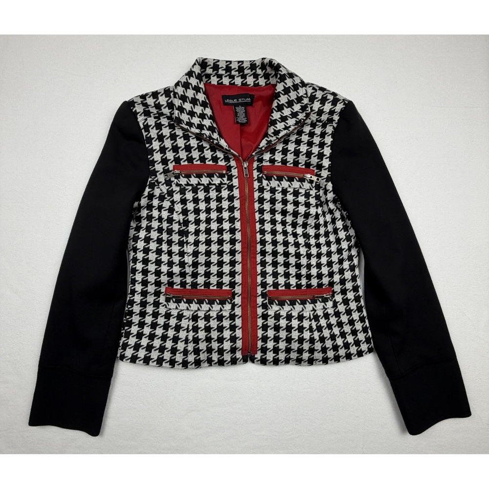 Leslie Stuart Womens Houndstooth Zip Up Jacket Y2K Black White Red Trim Size 10